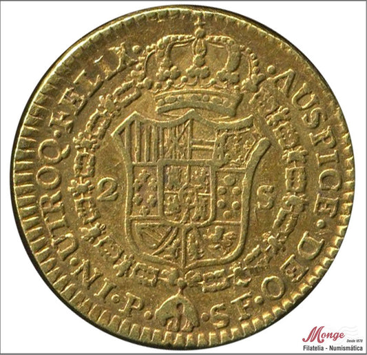 España - 1780 - Carlos III - Nº 00510 - MBC - / VF- - 2 Escudo 1780 Popayan SF / 6,75 gr. oro