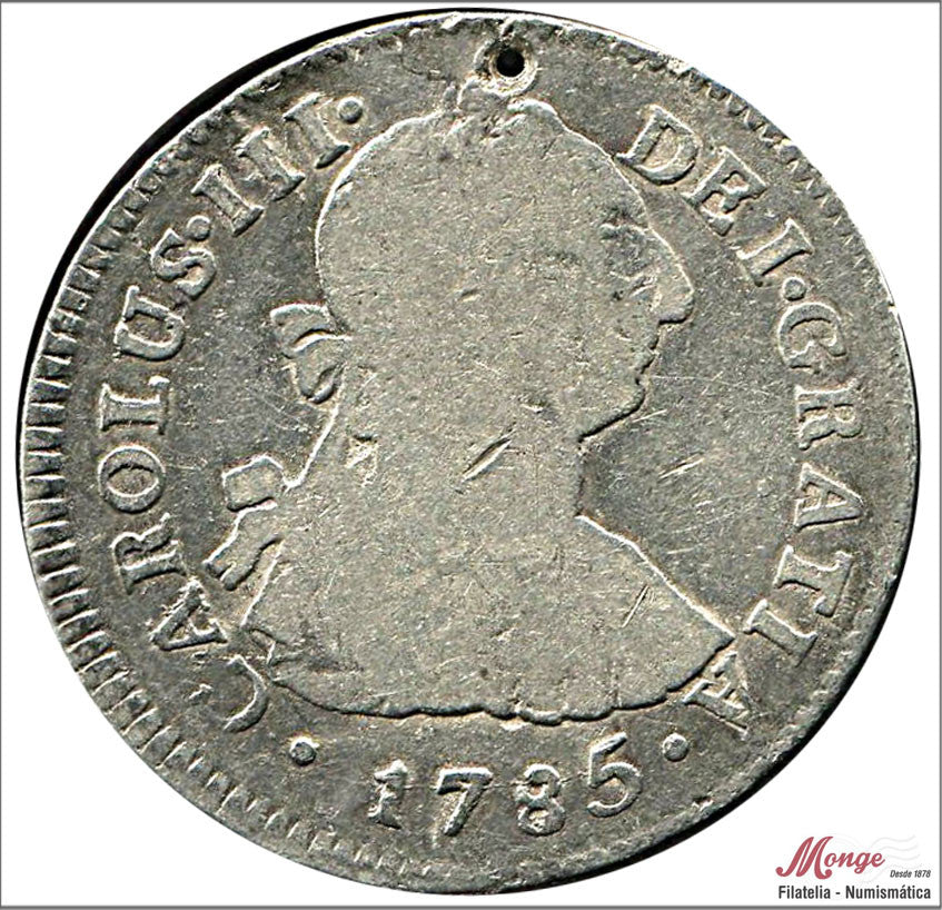 España - 1783 - Carlos III - Nº 01281 - BC+ / F+ - 2 Reles 1781 MI Lima - 6,45 gr. plata / pequeña perforación