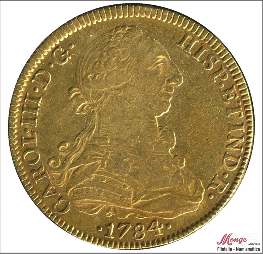 España - 1784 - Carlos III - Nº 00104 - EBC- / XF- - 8 Escudos 1784 Mejico FM / 27,10 gr. oro - Ceca y ensayadores invertidos./