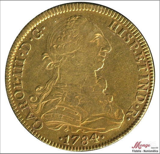 España - 1784 - Carlos III - Nº 00104 - EBC- / XF- - 8 Escudos 1784 Mejico FM / 27,10 gr. oro - Ceca y ensayadores invertidos./