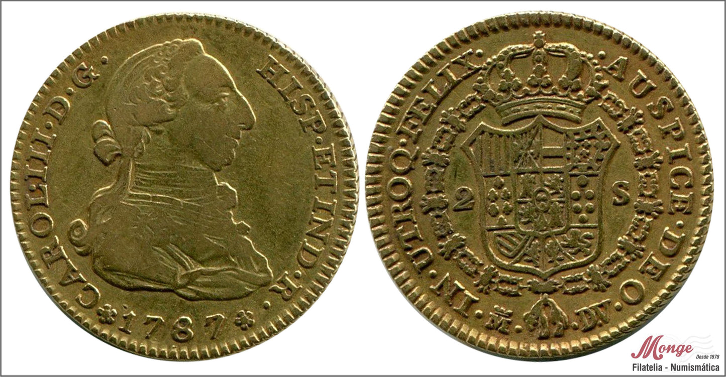 España - 1787 - Carlos III - Nº 00458 - MBC+ / VF+ - 2 Escudos 1787 / Madrid DV / 6,80 gr oro