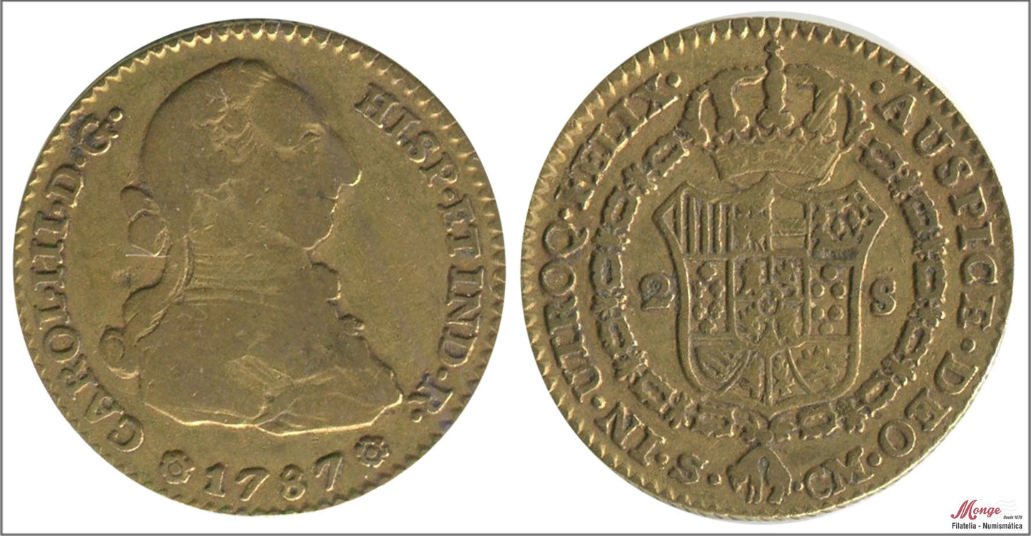 España - 1787 - Carlos III - Nº 00582 - MBC- / MBC - 2 Escudos 1787 Sevilla CM / 6,75 gr oro