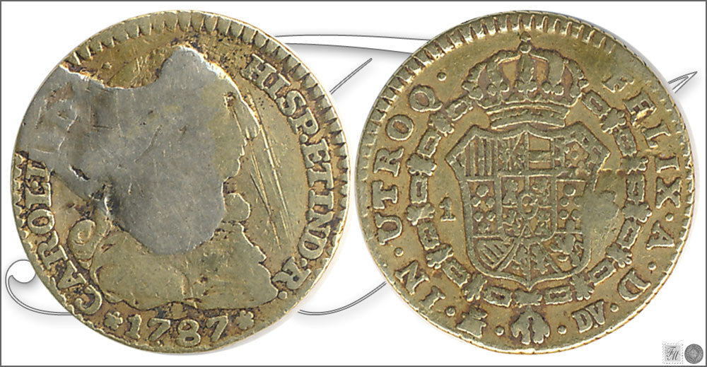 España - 1787 - Carlos III - Nº 00629 - RC/ MBC- - 1 Escudo 1787 Madrid DV 3,35 gr. oro / Restos de oro fundido en la cara