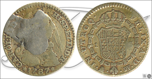 España - 1787 - Carlos III - Nº 00629 - RC/ MBC- - 1 Escudo 1787 Madrid DV 3,35 gr. oro / Restos de oro fundido en la cara