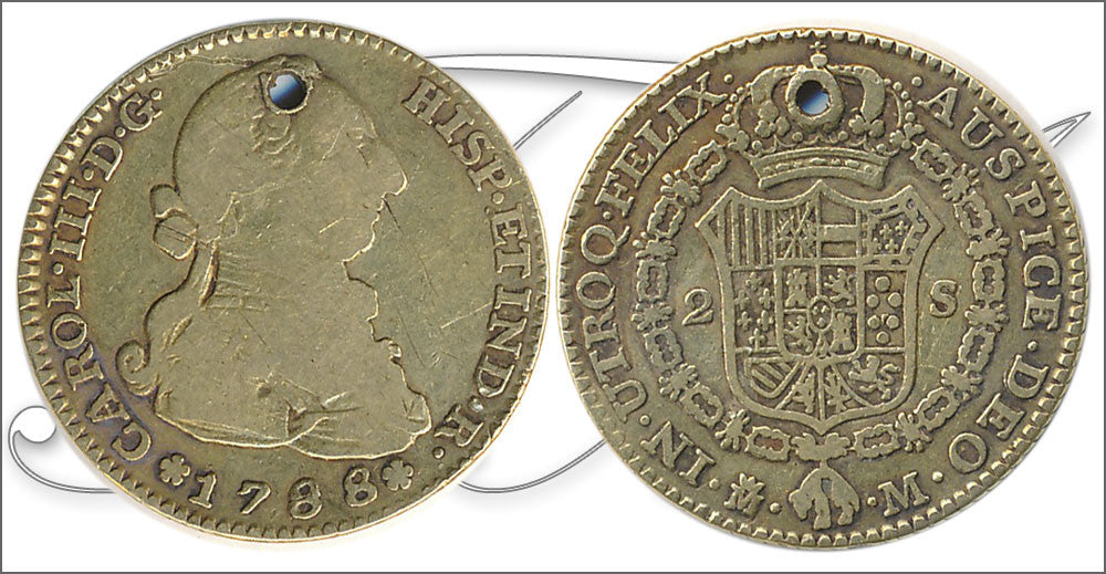 España - 1788 - Carlos III - Nº 00459 - MBC / MBC+ - 2 Escudos 1788 Madrid M 6,75 gr. / Pequeña perforación