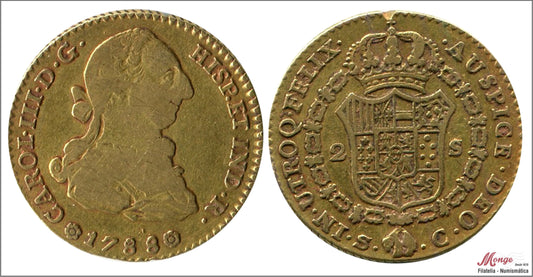 España - 1788 - Carlos III - Nº 00583 - MBC - / VF- - 2 Escudos 1788 Sevilla C / 6,75 gr oro