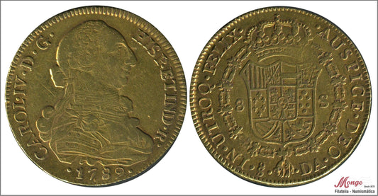 España - 1789 - Carlos IV - Nº 00146 - MBC / VF - 8 Escudos 1789 DA Santiago 27 gr. oro