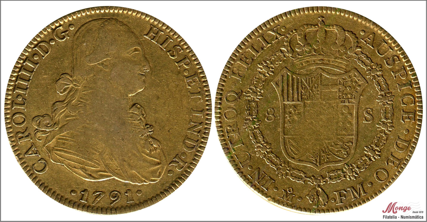 España - 1791 - Carlos IV - Nº 00039 - MBC / VF - 8 Escudos 1791 Mejico FM / 27 gr. oro / Escudo acuñacion floja