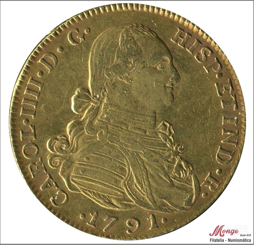 España - 1791 - Carlos IV - Nº 00119 - MBC+ / VF+ - 8 Escudos 1791 JJ Santa Fe-Nuevo Reino / 27,10 gr. oro