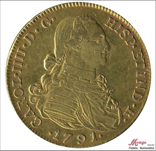 España - 1791 - Carlos IV - Nº 00119 - MBC+ / VF+ - 8 Escudos 1791 JJ Santa Fe-Nuevo Reino / 27,10 gr. oro