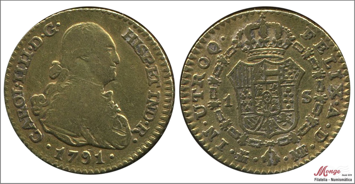 España - 1791 - Carlos IV - Nº 00490 - MBC- / MBC - 1 Escudo 1791 Madrid MF 3,35 gr. oro