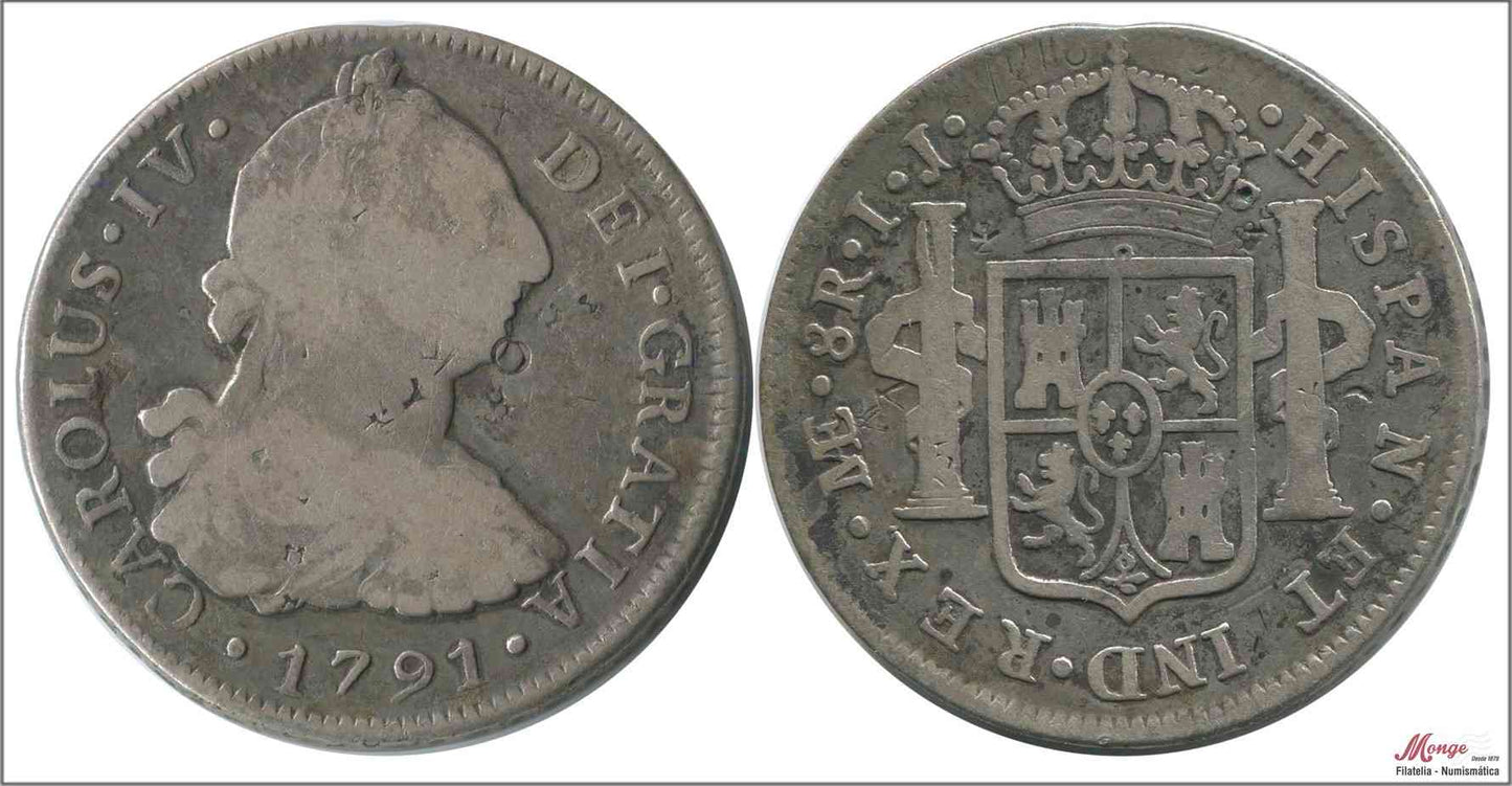 España - 1791 - Carlos IV - Nº 00643 - BC+ / F+ - 8 Reales 1791 IJ Lima Ag / Busto Carlos III