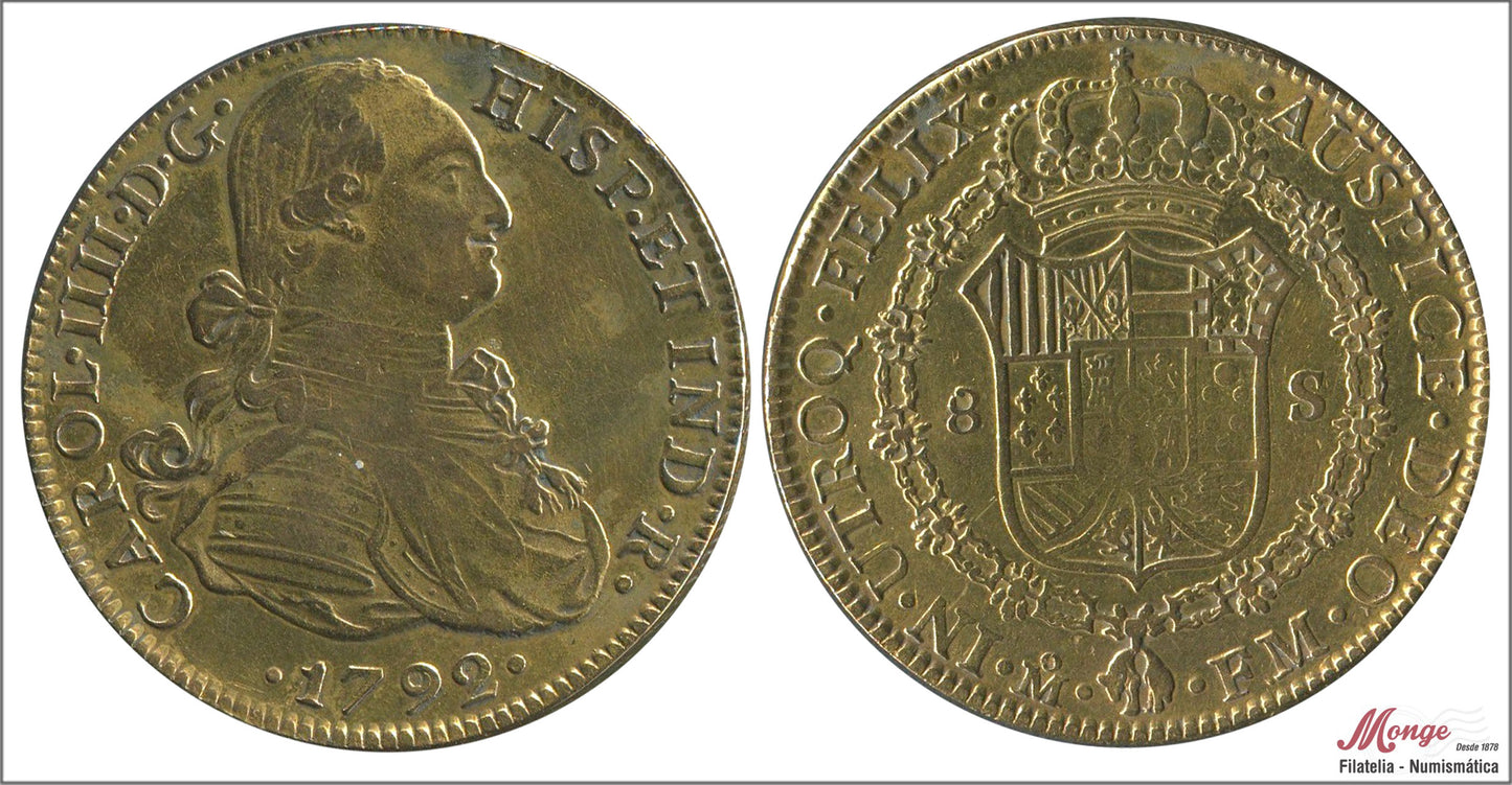 España - 1792 - Carlos IV - Nº 00040 - MBC / VF - 8 Escudos 1792 Mejico FM / 27 gr. oro