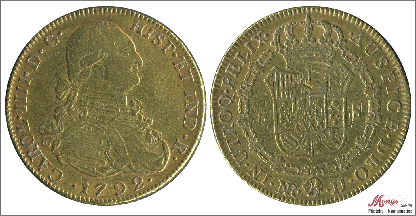 España - 1792 - Carlos IV - Nº 00121 - MBC / VF - 8 Escudos 1792 JJ Santa Fe-Nuevo Reino / 27 gr. oro