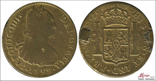 España - 1792 - Carlos IV - Nº 00646FE - BC / F - 8 Reales 1792 IJ Lima - Falsa de época bañada en oro - 2 soldaduras