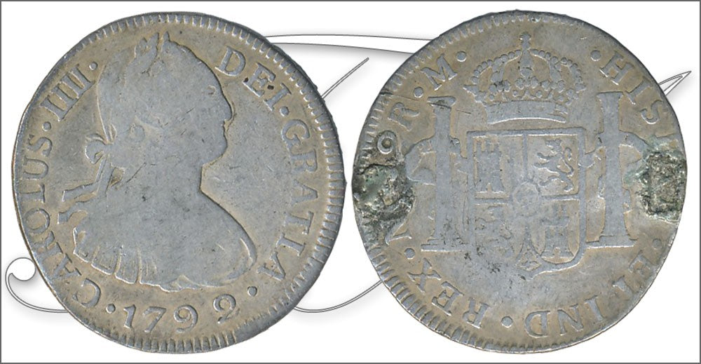 España - 1792 - Carlos IV - Nº 00915 - Regular conservación - RC / VG - 2 Reales 1792 M Guatemala Ag / 2 soldaduras