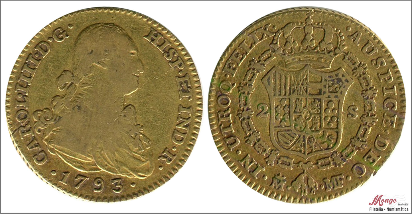 España - 1793 - Carlos IV - Nº 00326 - MBC- / MBC - 2 Escudos 1793 MF Madrid 6,65 gr. oro