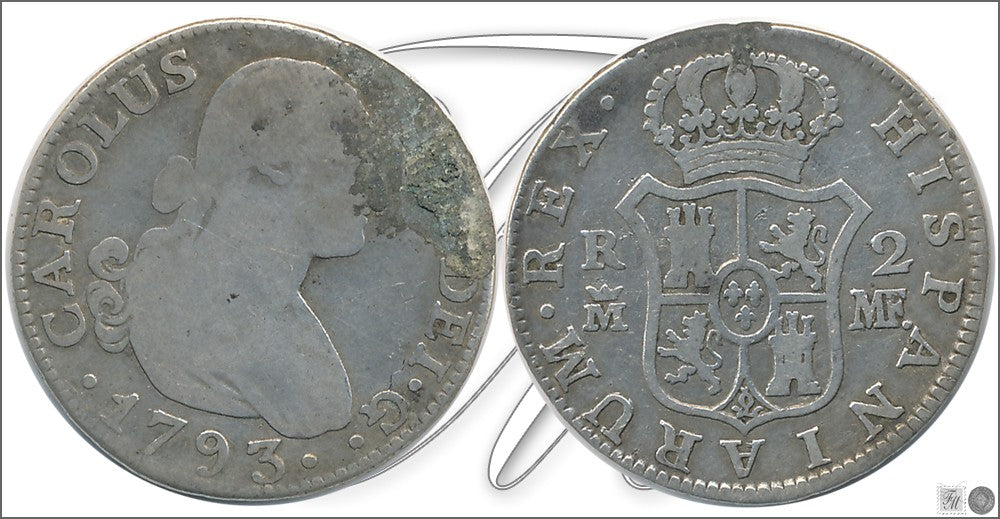 España - 1793 - Carlos IV - Nº 00963 - Cara y Cruz - RC/ BC - 2 Reales 1793 MF Madrid Ag