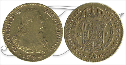 España - 1794 - Carlos IV - Nº 00446 - MBC- / MBC - 2 Escudos 1794 Sevilla CN / 6,75 gr. oro