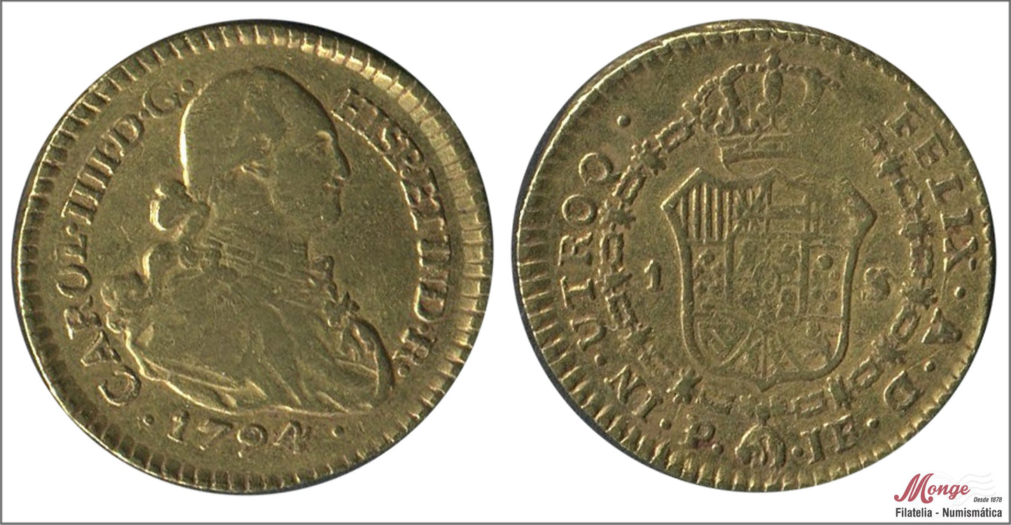 España - 1794 - Carlos IV - Nº 00525 - MBC / VF - 1 Escudo 1794 Popayan JF / 3,35 gr. oro