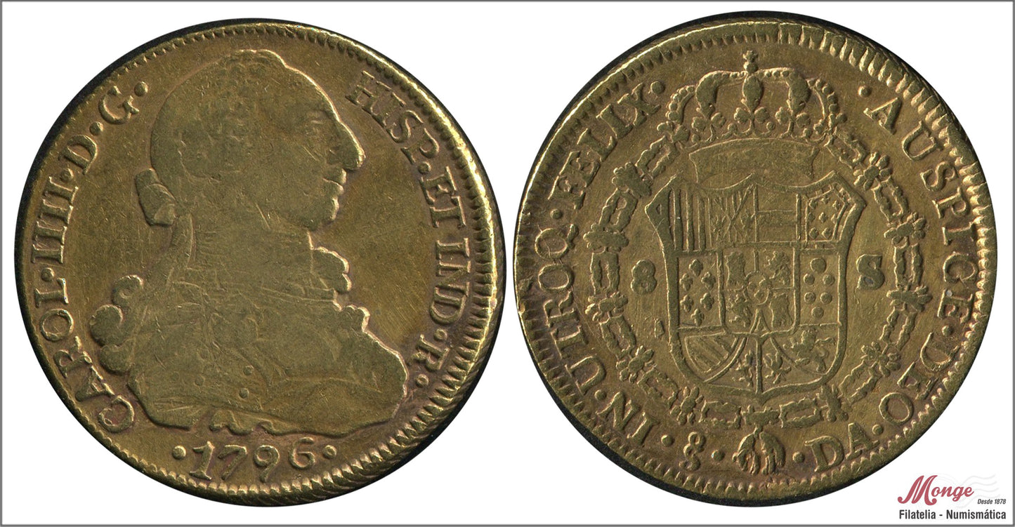 España - 1796 - Carlos IV - Nº 00155 - MBC - / VF- - 8 Escudos 1796 Santiago DA / 27 gr. oro