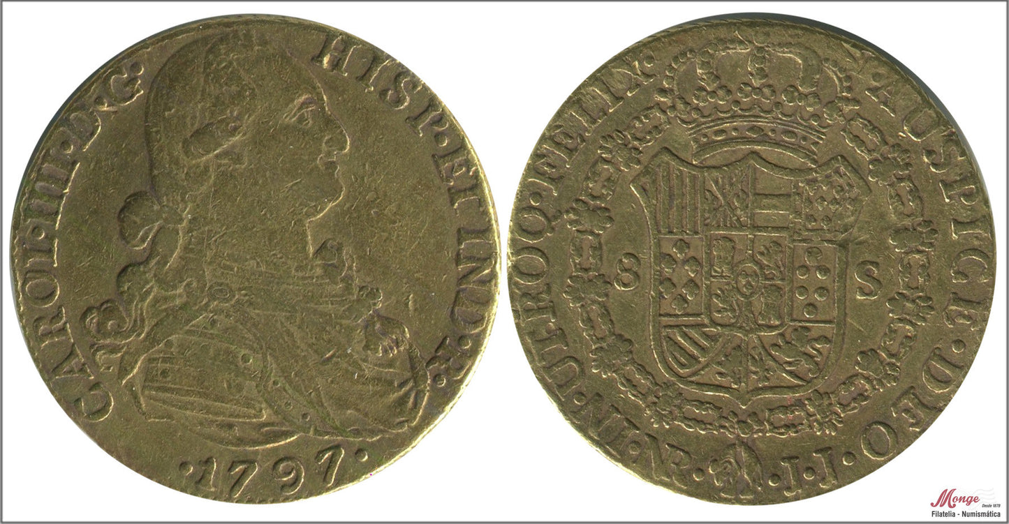 España - 1797 - Carlos IV - Nº 00127 - MBC / VF - 8 Escudos 1797 JJ Santa Fe-Nuevo Reino 27,10 gr. oro