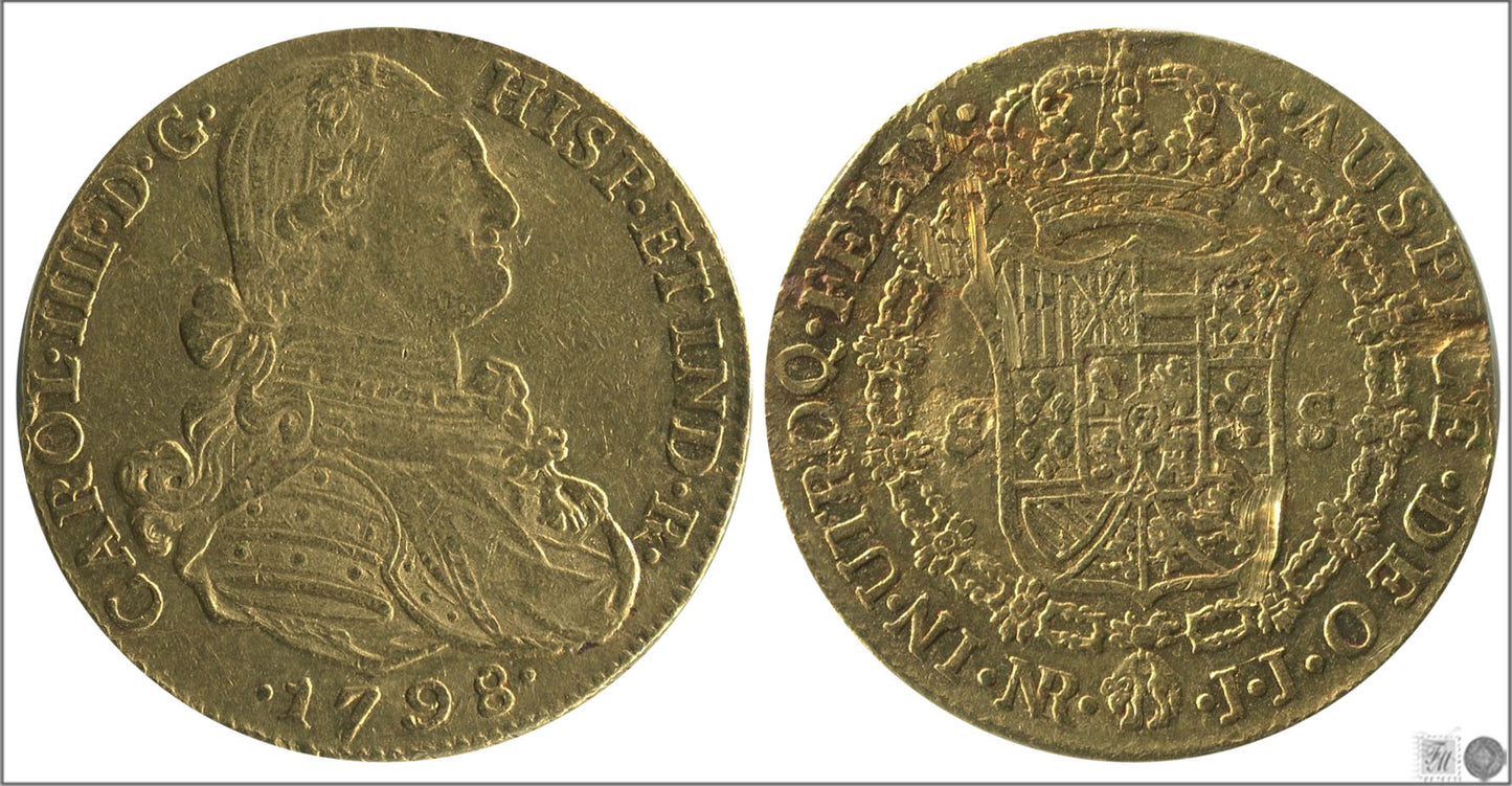 España - 1798 - Carlos IV - Nº 00128 - MBC- / BC - 8 Escudos 1798 JJ Santa Fe-Nuevo Reino / 26,95 gr. oro