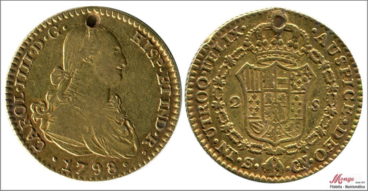 España - 1798 - Carlos IV - Nº 00450 - MBC / VF - 2 Escudo 1798 Sevilla CN / 6,80 gr. oro / Pequeña perforacion