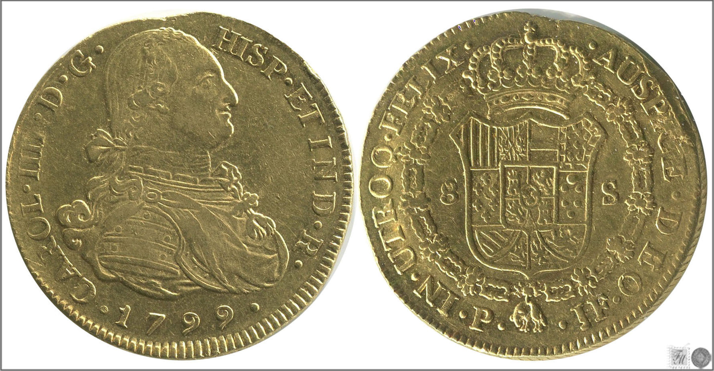 España - 1799 - Carlos IV - Nº 00078 - MBC / BC - 8 Escudos JF 1799 Popoyan / 26,95 gr. oro