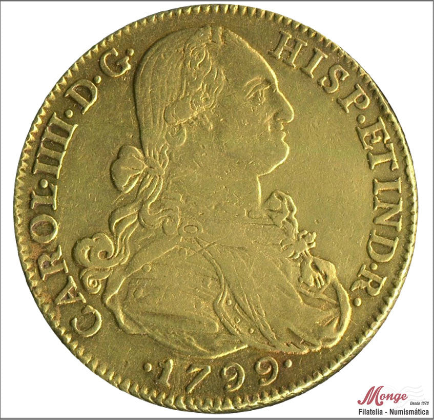 España - 1799 - Carlos IV - Nº 00129 - MBC / VF - 8 Escudos 1799 JJ Santa Fe-Nuevo Reino 26,95 gr. oro / Patina Original