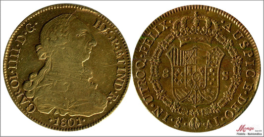 España - 1801 - Carlos IV - Nº 00162 - MBC+ / EBC- - 8 Escudos 1801 AJ Santiago / 27 gr. oro