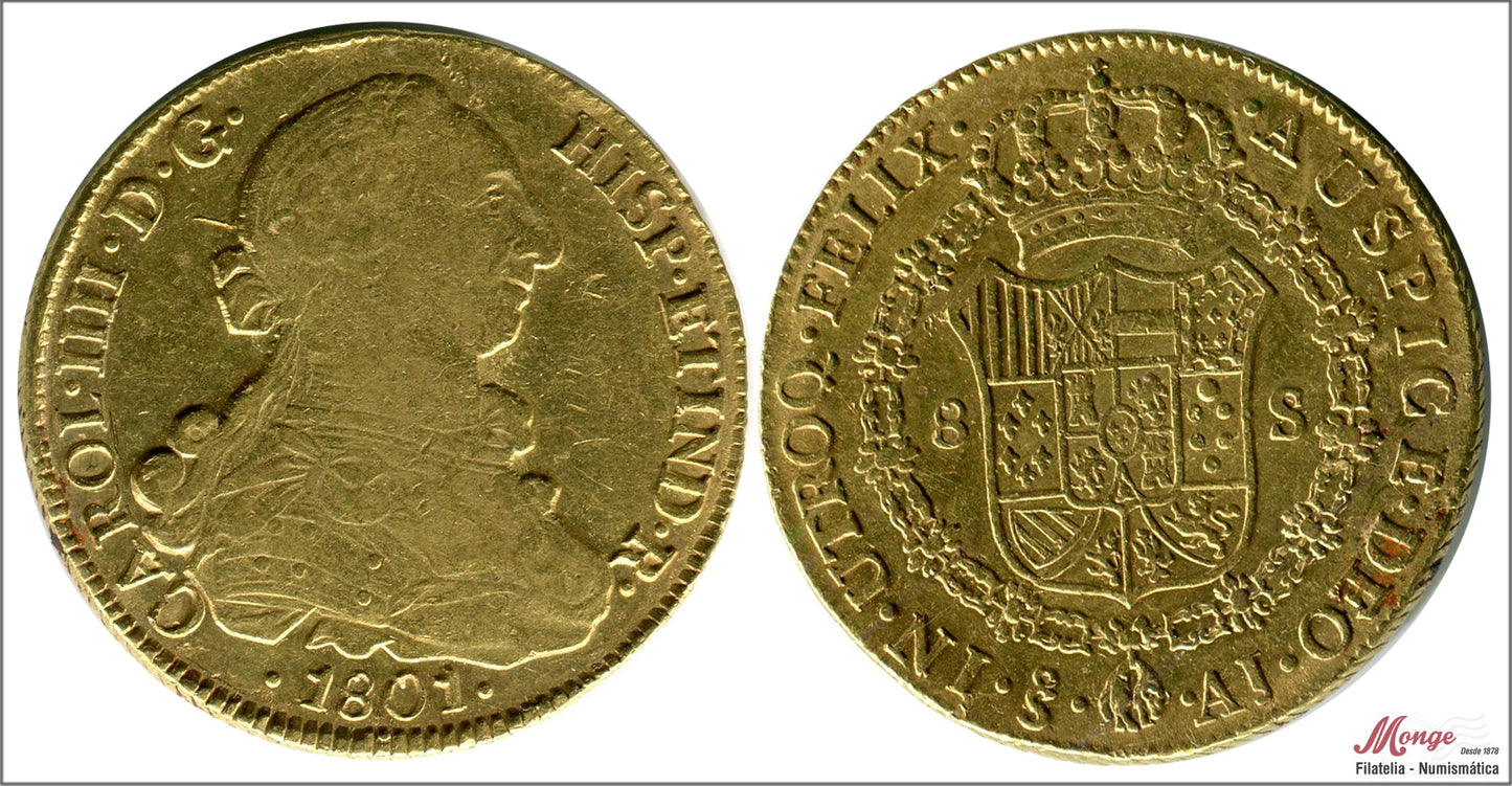 España - 1801 - Carlos IV - Nº 00162 - MBC - / VF- - 8 Escudos 1801 AJ Santiago / 27 gr. oro