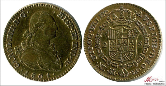 España - 1801 - Carlos IV - Nº 00342 - MBC / MBC+ - 2 Escudos 1801 FA Madrid / 6,75 gr oro