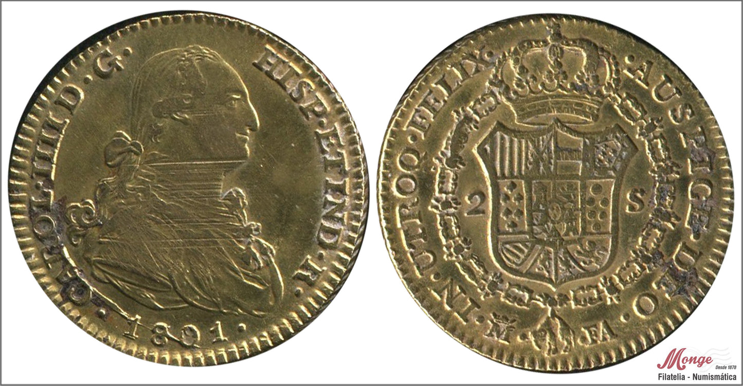 España - 1801 - Carlos IV - Nº 00342 - MBC+ / VF+ - 2 Escudos 1801 FA Madrid / 6,80 gr oro - Rayas busto