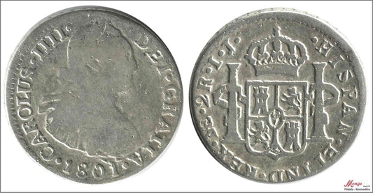 España - 1801 - Carlos IV - Nº 00948 - BC / F - 2 Reales 1801 IJ Lima Ag