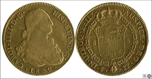 España - 1802 - Carlos IV - Nº 00109 - MBC / VF - 8 Escudos 1802 Potosi PJ / 27 gr. oro