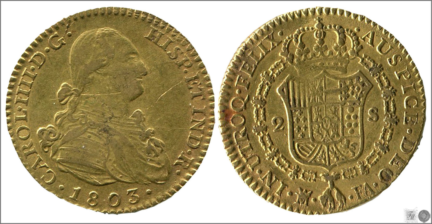 España - 1803 - Carlos IV - Nº 00345 - MBC / VF - 2 Escudos 1803 FA Madrid 6,80 gr. oro