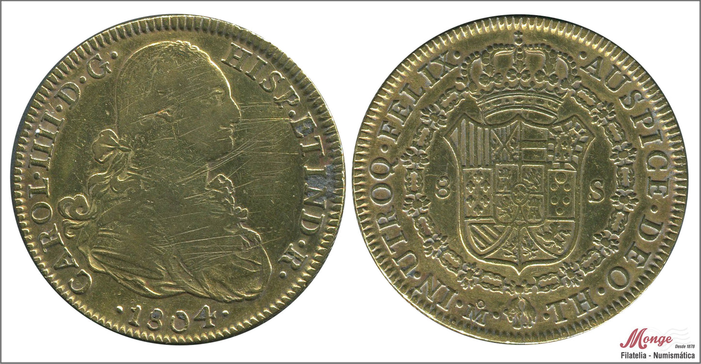 España - 1804 - Carlos IV - Nº 00059 - MBC - / VF- - 8 Escudos 1804 TH Mejico / 26,90 gr. oro