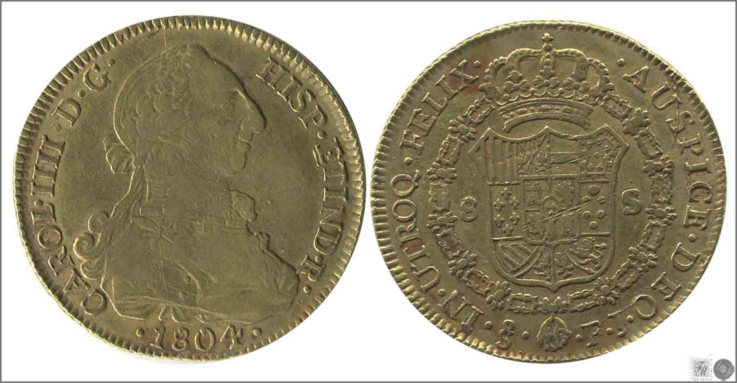 España - 1804 - Carlos IV - Nº 00166 - MBC / VF - 8 Escudos 1804 FJ Santiago / 26,95 gr oro