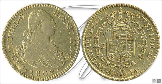 España - 1804 - Carlos IV - Nº 00347 - MBC - / VF- - 2 Escudos 1804 FA Madrid / 6,75 gr. oro