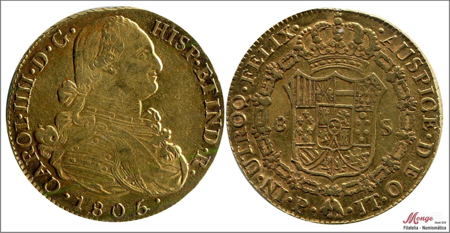 España - 1805 - Carlos IV - Nº 00086 - MBC+ / VF+ - 8 Escudos 1805 Popayan JT / 27 gr. oro