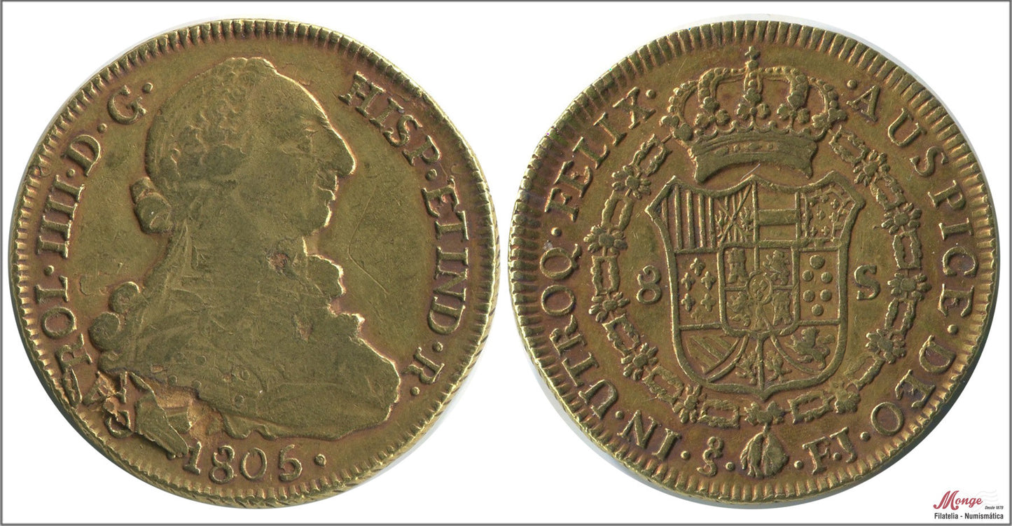 España - 1805 - Carlos IV - Nº 00167 - MBC- / MBC - 8 Escudos 1805 FJ Santiago / 26,95 gr oro