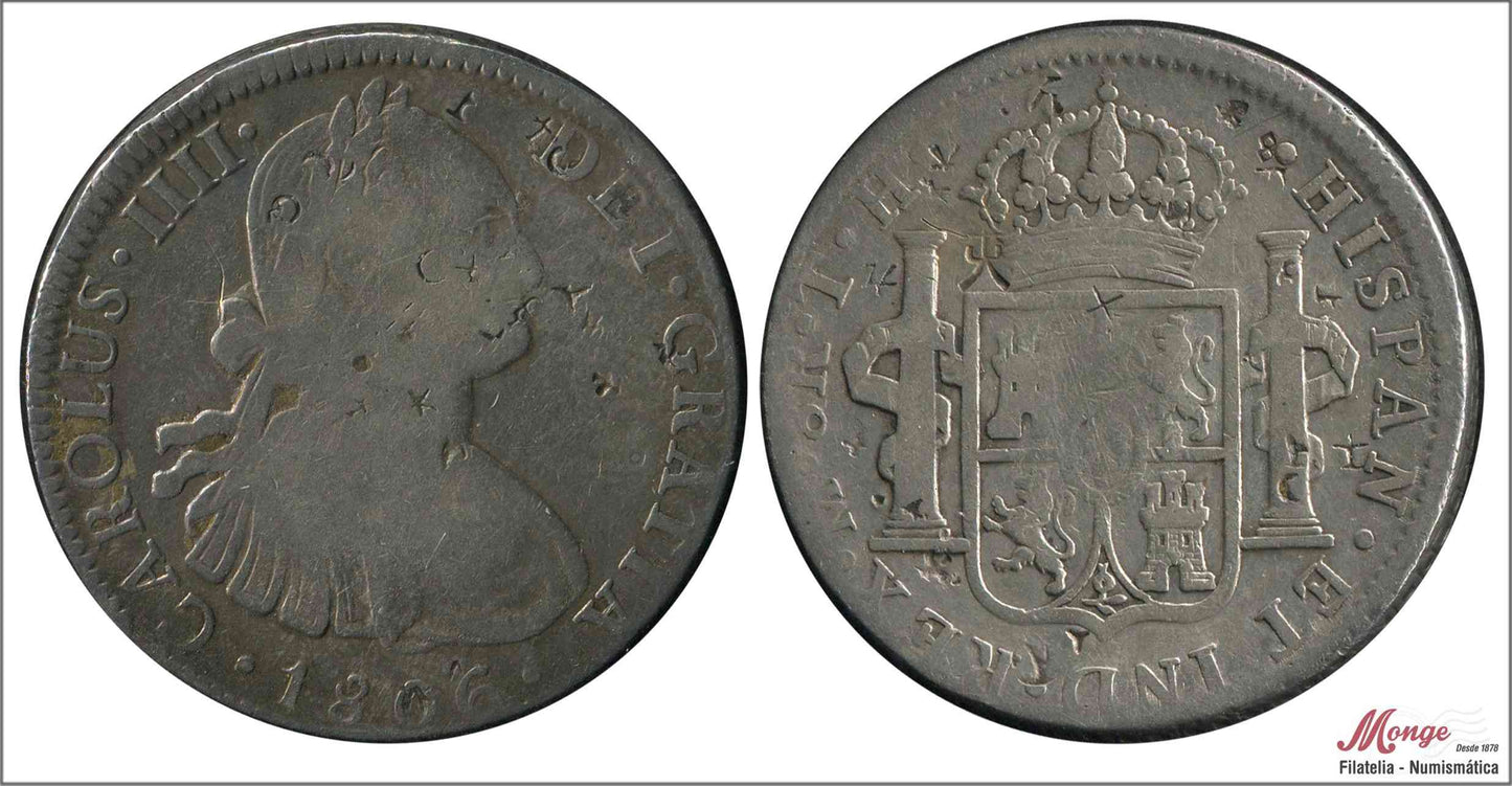 España - 1806 - Carlos IV - Nº 00705 - BC / F - 8 Reales 1806 TH Mejico / 26,75 gr. plata / Diversas marcas marinas