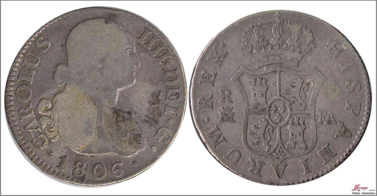 España - 1806 - Carlos IV - Nº 00977 - BC- / F- - 2 Reales 1806 FA Madrid / 5,85 gr. plata