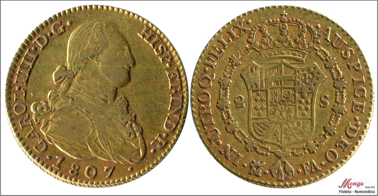 España - 1807 - Carlos IV - Nº 00350 - MBC / VF - 2 Escudos 1807 Madrid FA 6,45 gr. oro