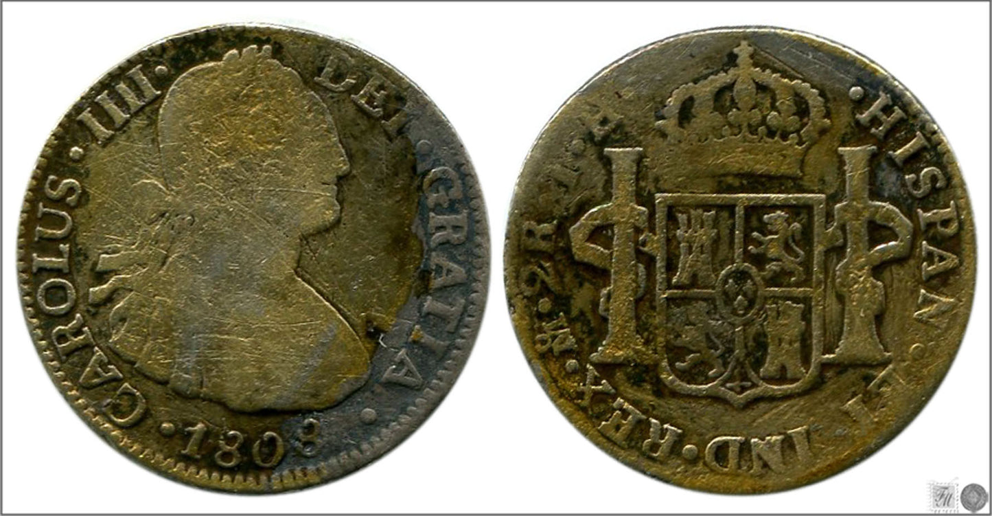 España - 1808 - Carlos IV - Nº 01003 - BC+ / F+ - 2 Reales 1808 FM Mejico Ag