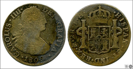 España - 1808 - Carlos IV - Nº 01003 - BC+ / F+ - 2 Reales 1808 FM Mejico Ag