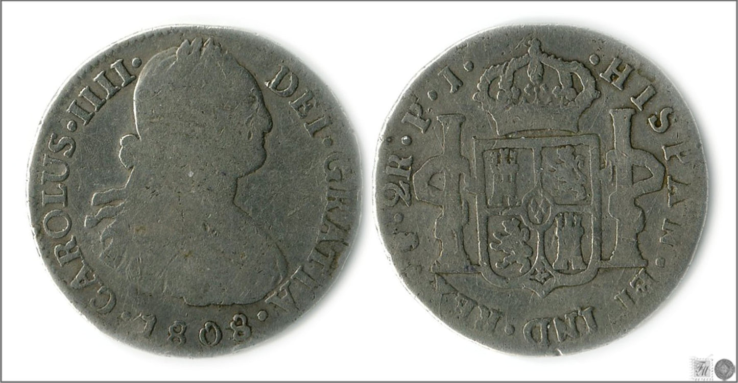 España - 1808 - Carlos IV - Nº 01028 - Buena conservación - BC / F - 2 Reales 1808 PI Potosi Ag