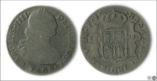 España - 1808 - Carlos IV - Nº 01028 - Buena conservación - BC / F - 2 Reales 1808 PI Potosi Ag