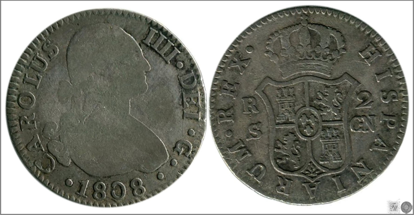 España - 1808 - Carlos IV - Nº 01071 - Cara y Cruz - BC / MBC - 2 Reales 1808 CN Sevilla Ag